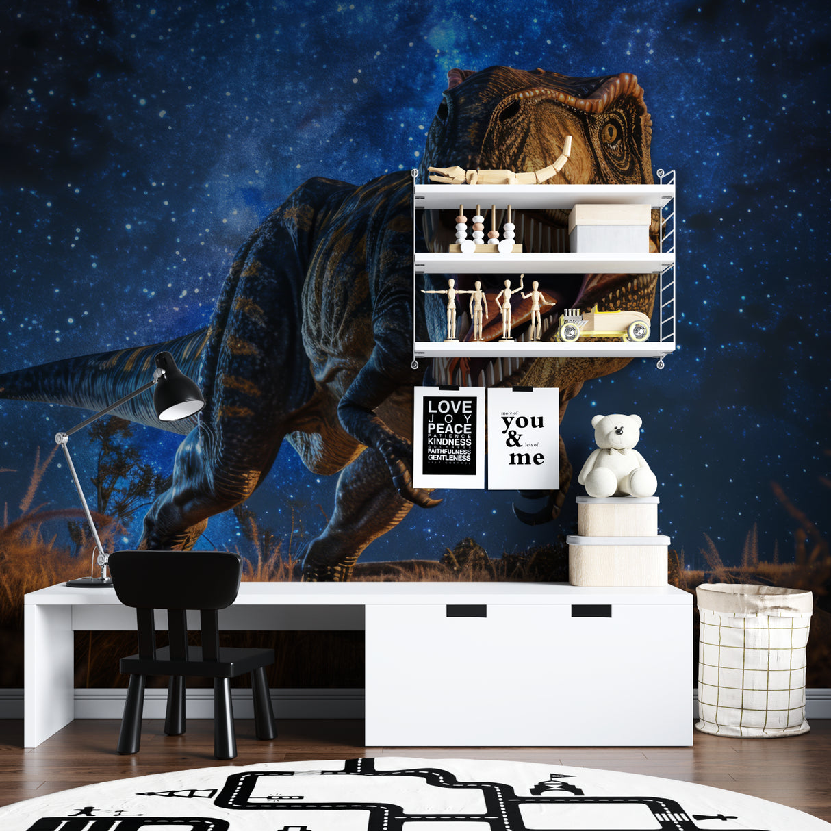 T-Rex wall mural in playroom showing scale and dramatic night sky effect