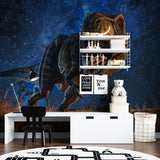 T-Rex wall mural in playroom showing scale and dramatic night sky effect