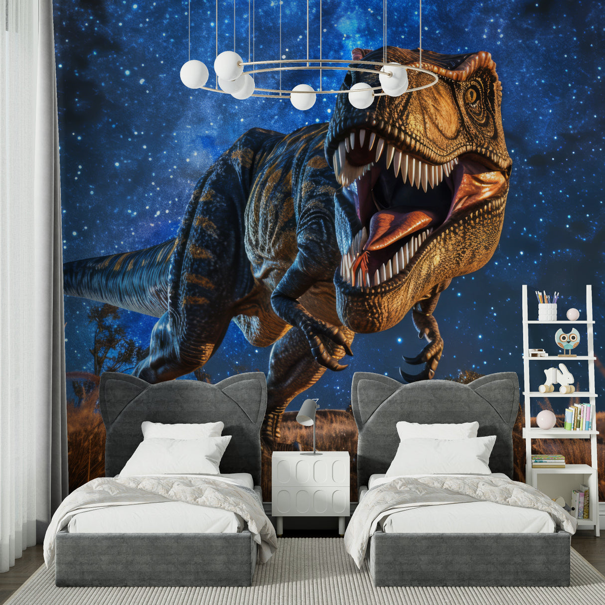Night sky dinosaur wallpaper in teen study room with desk setup