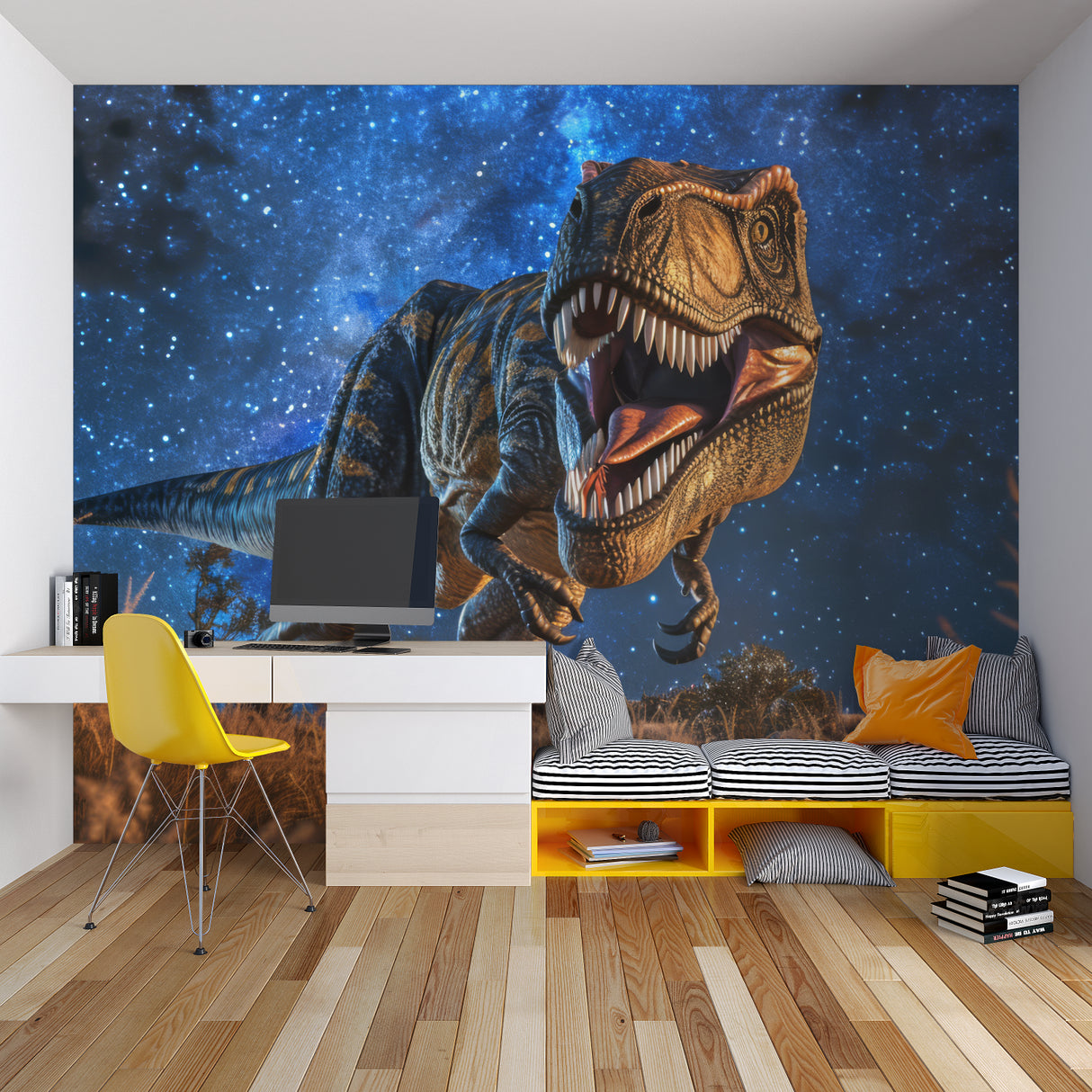 Dinosaur mural wallpaper creating cozy reading nook in child's bedroom