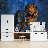 T-Rex wallpaper installation in game room showing full wall impact