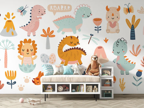 Pastel dinosaur wallpaper creating a cozy atmosphere in a modern nursery with soft lighting
