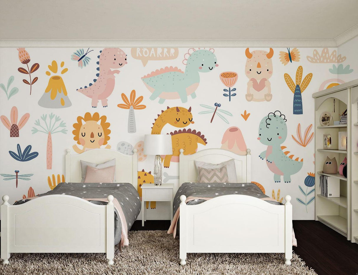 Kids bedroom featuring cute dinosaur mural wallpaper with reading nook and playmat