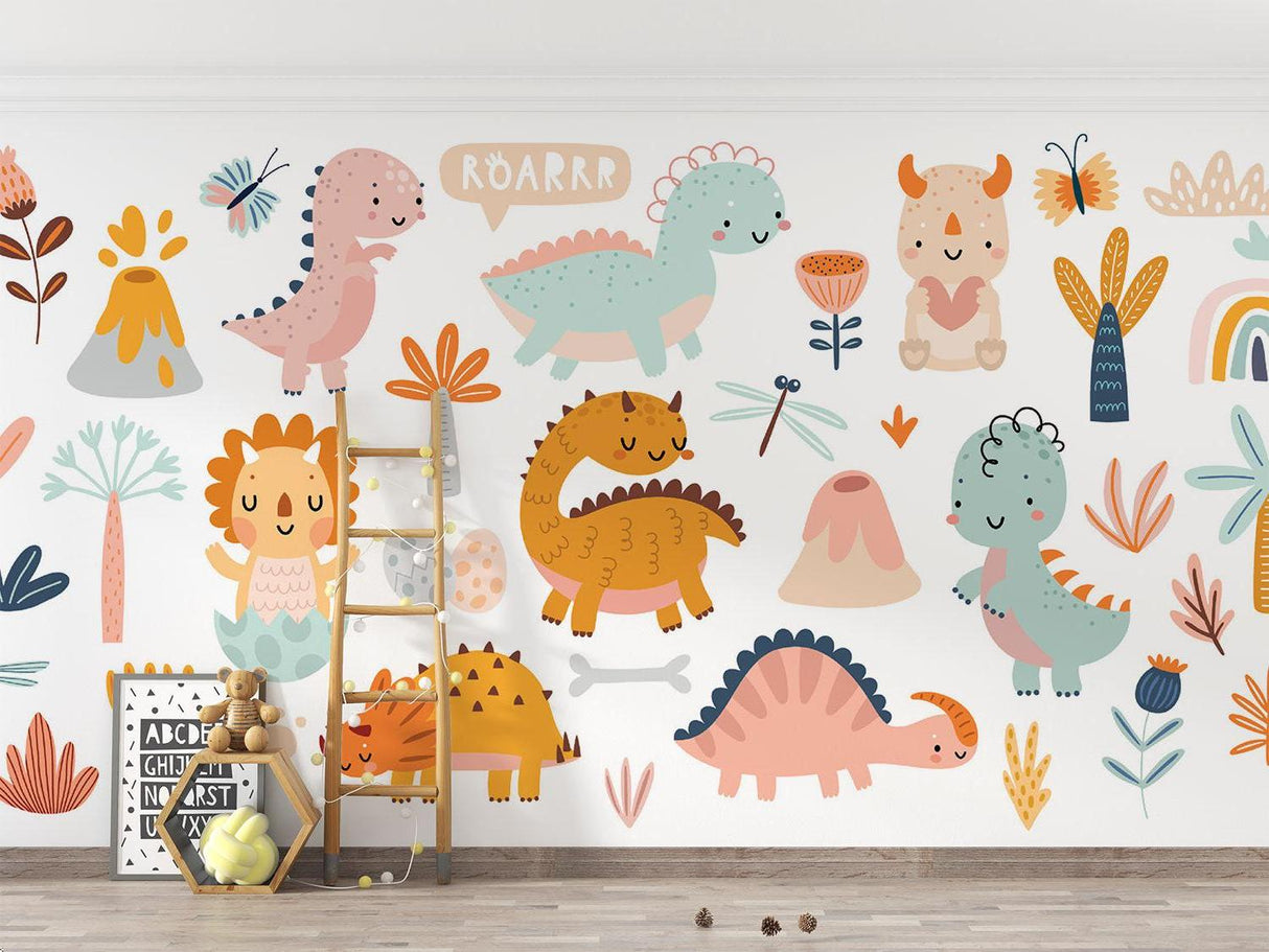 Playroom with cartoon dinosaur wall mural showing scale and full room setting
