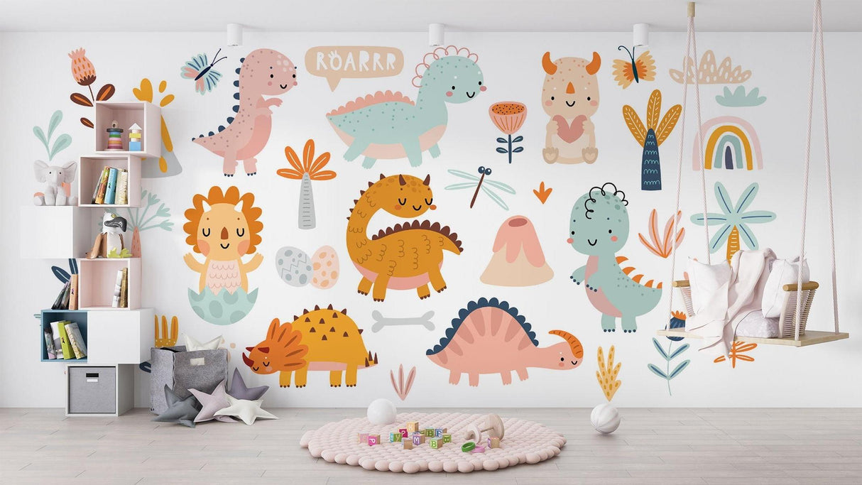 Children's study area with pastel prehistoric wallpaper creating an inspiring atmosphere