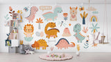 Children's study area with pastel prehistoric wallpaper creating an inspiring atmosphere
