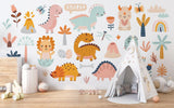 Daycare room showcasing cheerful dinosaur wall design in natural lighting