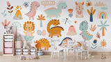 Baby room with gentle dinosaur mural wallpaper paired with neutral furniture