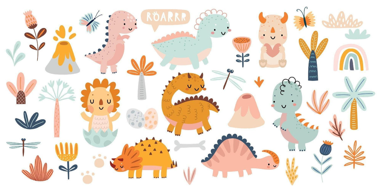 Dinosaur wallpaper design file showing full pattern of cute prehistoric characters and nature elements