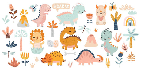 Dinosaur wallpaper design file showing full pattern of cute prehistoric characters and nature elements