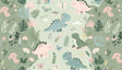 Pastel dinosaur wallpaper bringing charm to a bright nursery, with soft pink and blue dinos dancing among butterflies