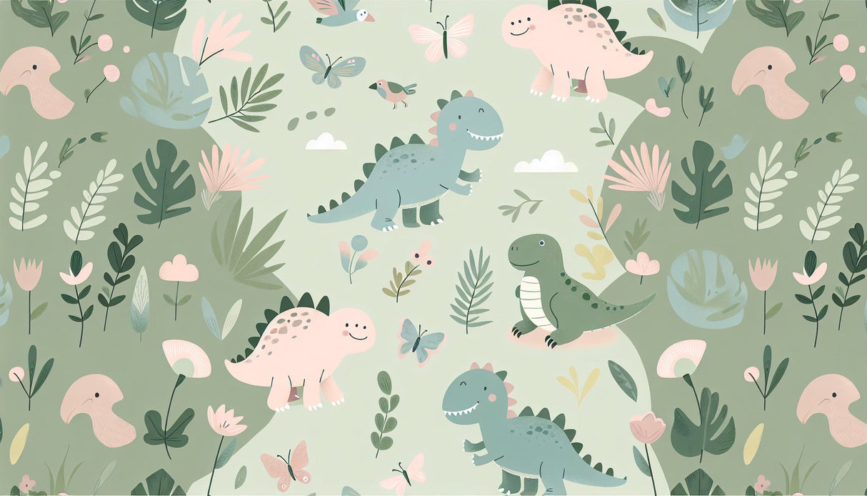 Pastel dinosaur wallpaper bringing charm to a bright nursery, with soft pink and blue dinos dancing among butterflies