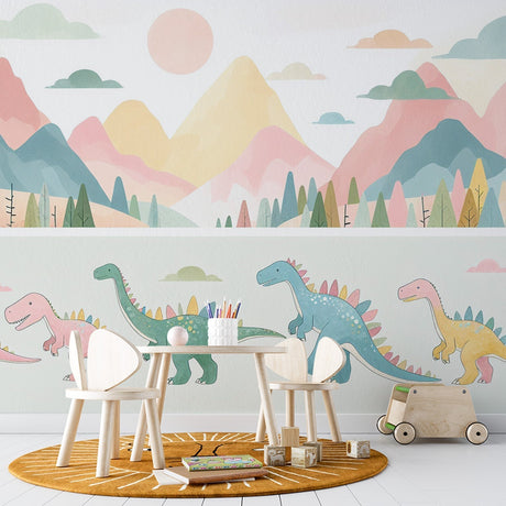 Dinosaur wallpaper with pastel mountains creating a sweet atmosphere in a modern nursery with white furniture