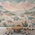 Dinosaur valley wallpaper in soft pastels creates a magical atmosphere in a modern nursery with natural light