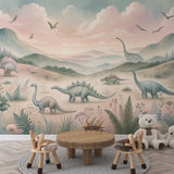 Dinosaur valley wallpaper in soft pastels creates a magical atmosphere in a modern nursery with natural light