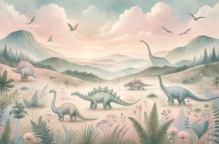 Dinosaur valley design file showing full pattern with gentle giants and misty mountains in pink and green