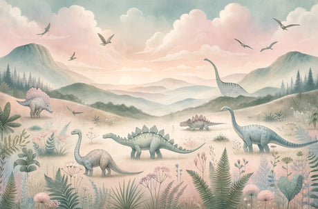 Dinosaur valley design file showing full pattern with gentle giants and misty mountains in pink and green