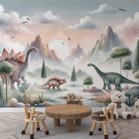 Dinosaur landscape wallpaper in a bright children's bedroom, showing gentle giants roaming through pastel mountains