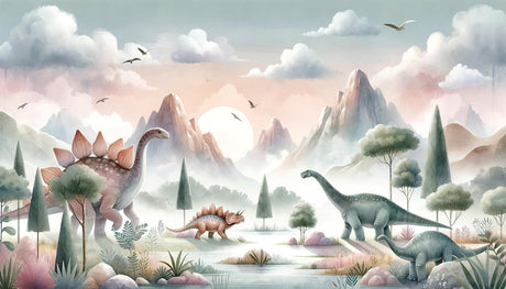 Prehistoric valley design file with soft pastel colors and flowing mountain shapes