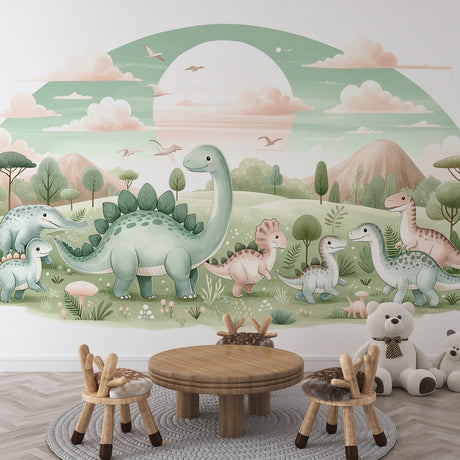Pastel dinosaur wallpaper creating a dreamy atmosphere in a modern nursery with soft lighting and minimal furniture
