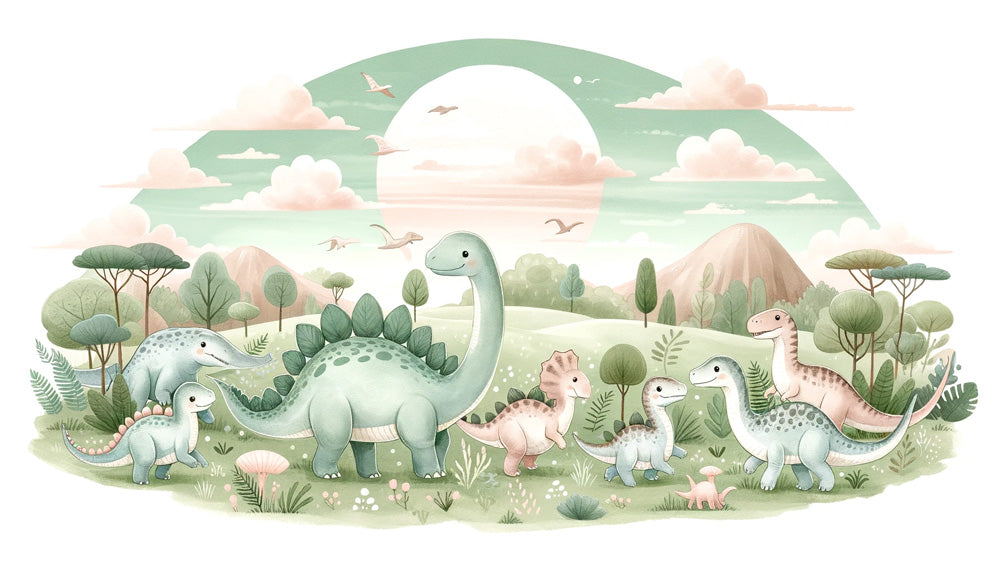 Dinosaur wallpaper design file showing full pattern of gentle prehistoric scene with baby dinos and pastel clouds