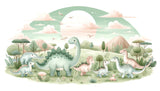 Dinosaur wallpaper design file showing full pattern of gentle prehistoric scene with baby dinos and pastel clouds