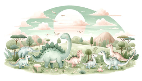 Dinosaur wallpaper design file showing full pattern of gentle prehistoric scene with baby dinos and pastel clouds