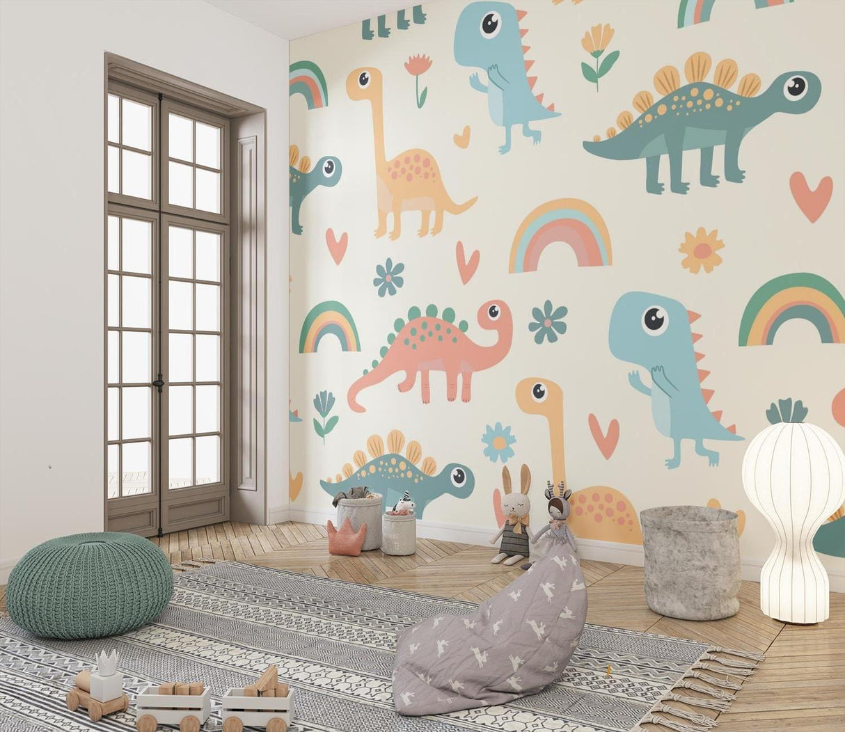 Dinosaur wall mural creating a cozy reading corner in a toddler's bedroom