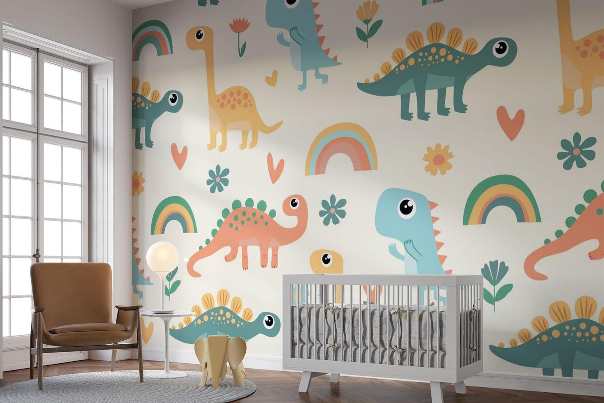 Baby nursery with pastel dinosaur wallpaper showing scale and full room setting