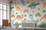 Baby nursery with pastel dinosaur wallpaper showing scale and full room setting