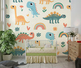 Rainbow dinosaur wallpaper in a playroom with natural lighting