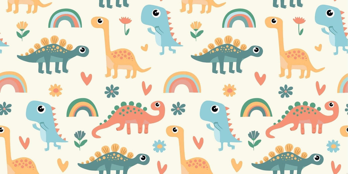 Design file showing full pattern of pastel dinosaurs and rainbow elements