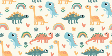 Design file showing full pattern of pastel dinosaurs and rainbow elements