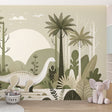 Dinosaur wall mural bringing calm to a modern nursery, with gentle Diplodocus scene creating a peaceful atmosphere