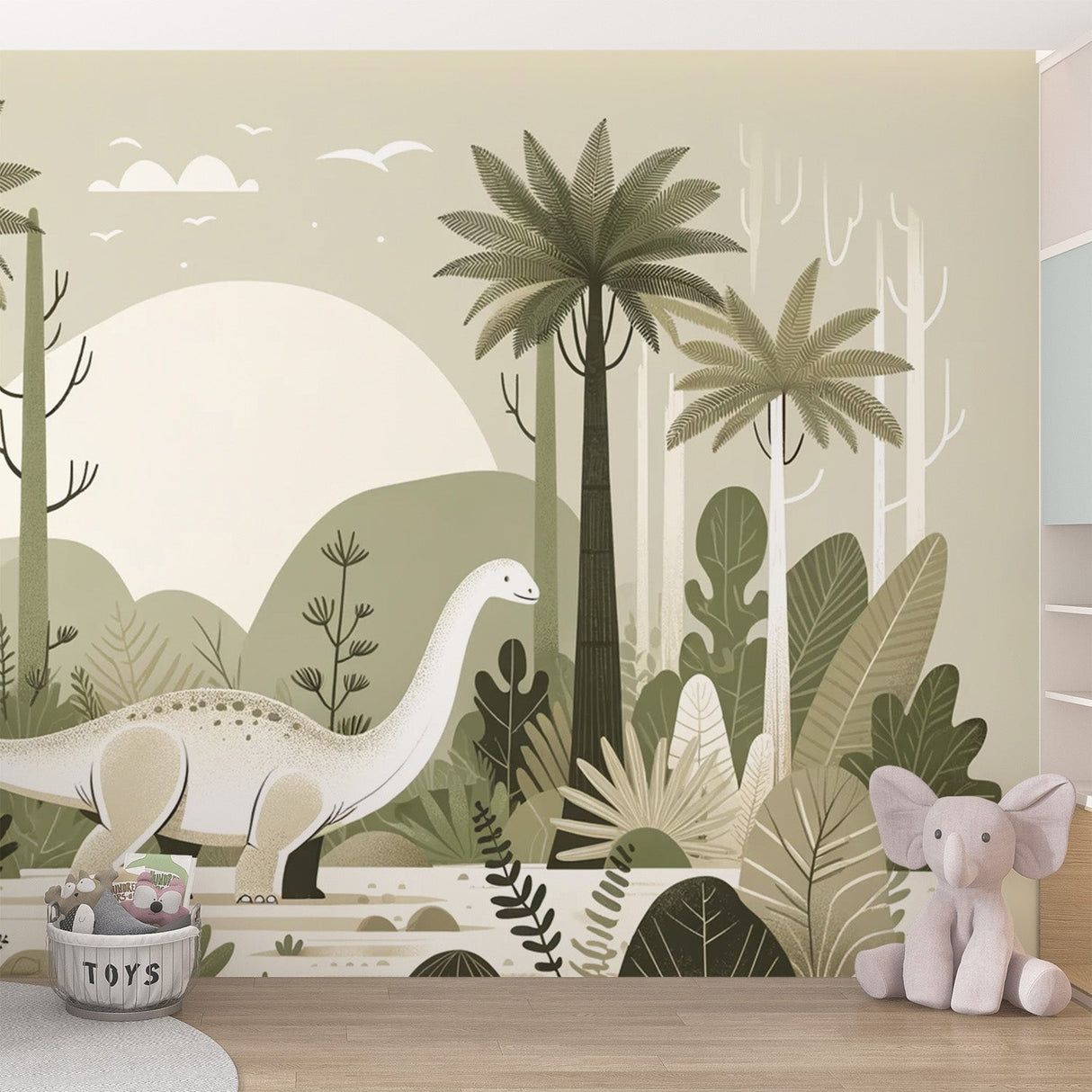 Dinosaur wall mural bringing calm to a modern nursery, with gentle Diplodocus scene creating a peaceful atmosphere