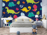 Navy cartoon Dinosaur Wallpaper brightening a modern kids bedroom with bunk beds and colorful accessories