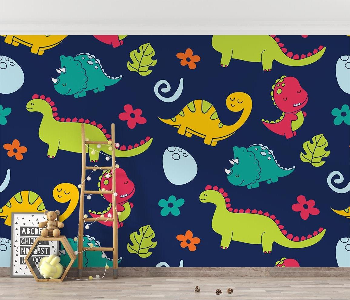 Playful Dinosaur Mural making a daycare playroom come alive with its cheerful navy and coral design