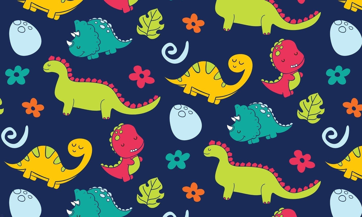 Cartoon Dinosaur Wallpaper design file showing full pattern with navy background and playful prehistoric characters