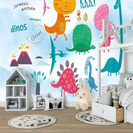 Dinosaur wallpaper mural bringing prehistoric fun to a bright, modern kids bedroom with colorful cartoon dinos