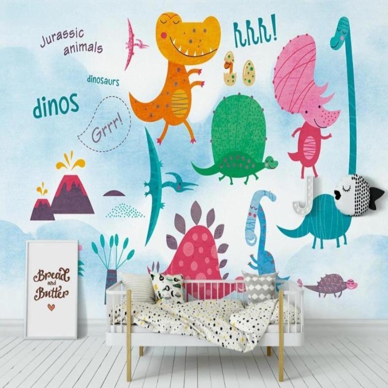 Playful dinosaur wall mural featured in a cozy playroom setting with educational toys and reading nook