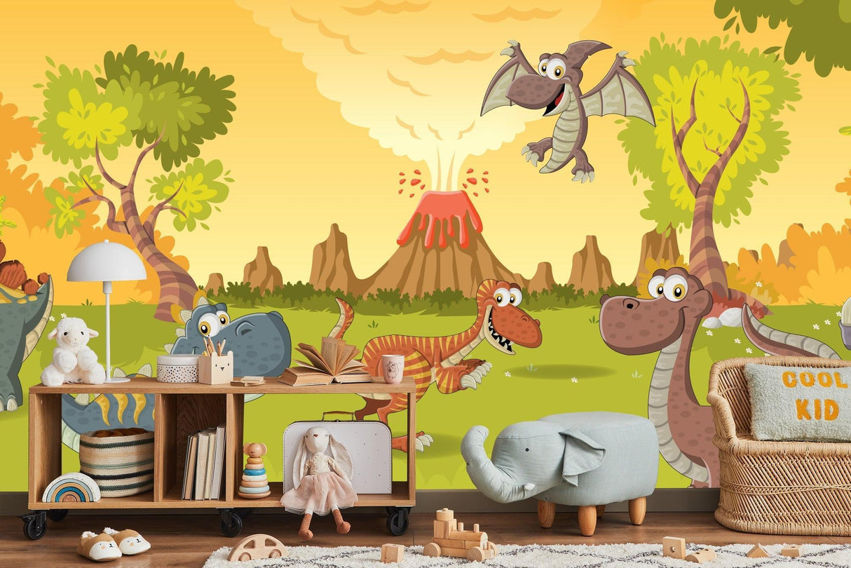 Dinosaur mural wallpaper bringing joy to a bright kids bedroom, featuring friendly cartoon dinosaurs and a colorful volcano