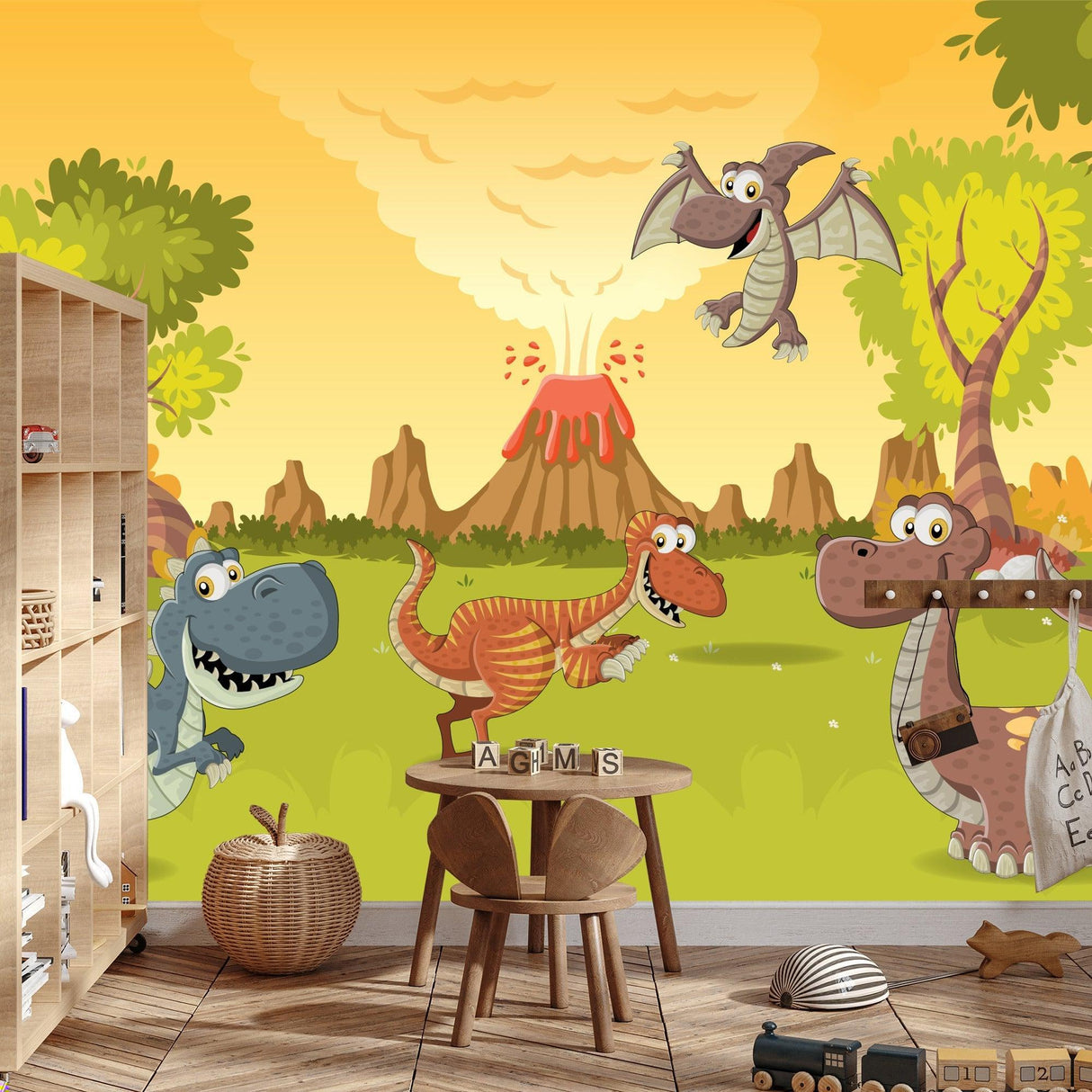 Playful dinosaur wallpaper transforming a modern playroom into an exciting prehistoric adventure scene