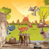Playful dinosaur wallpaper transforming a modern playroom into an exciting prehistoric adventure scene