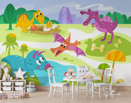 Dinosaur mural wallpaper bringing joy to a bright nursery with purple and blue cartoon dinosaurs