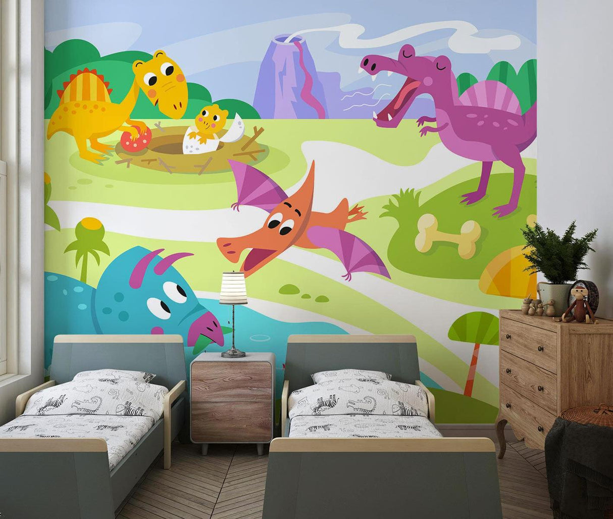 Kids bedroom transformed with playful prehistoric wallpaper featuring friendly dinosaurs