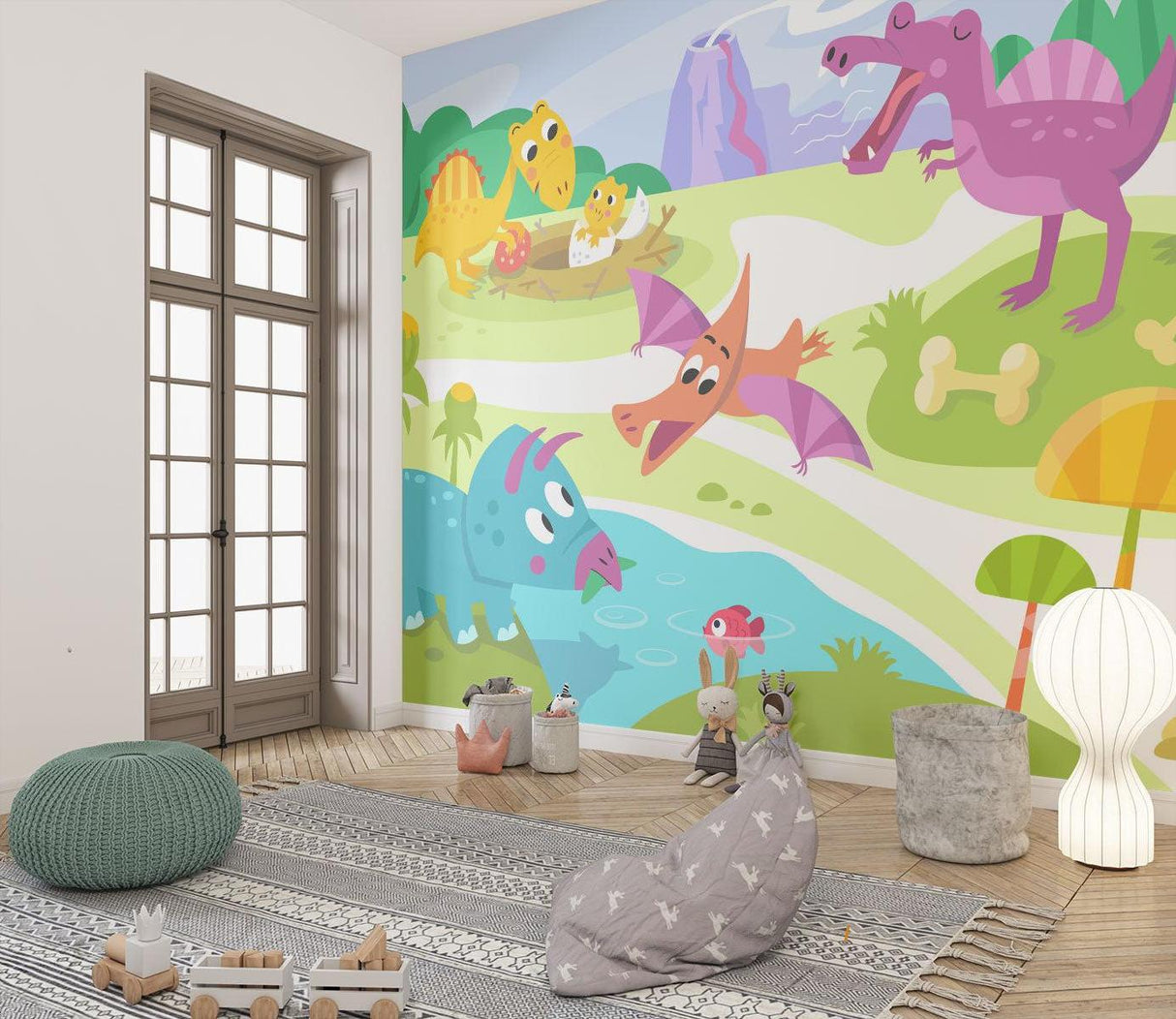 Playroom featuring cartoon dinosaur wallpaper with hatching baby dinosaur