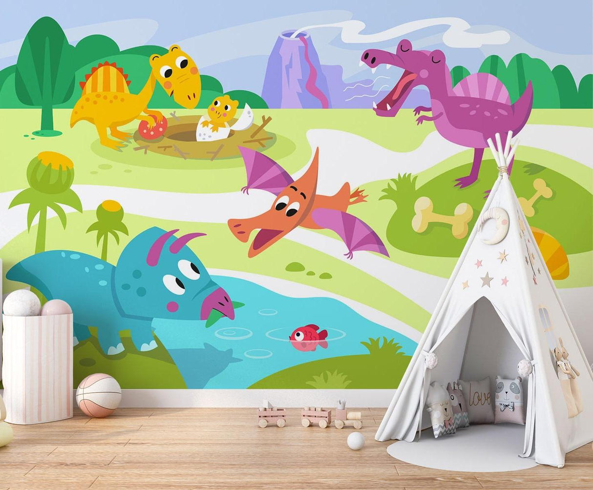 Daycare center wall decorated with cheerful dinosaur mural wallpaper