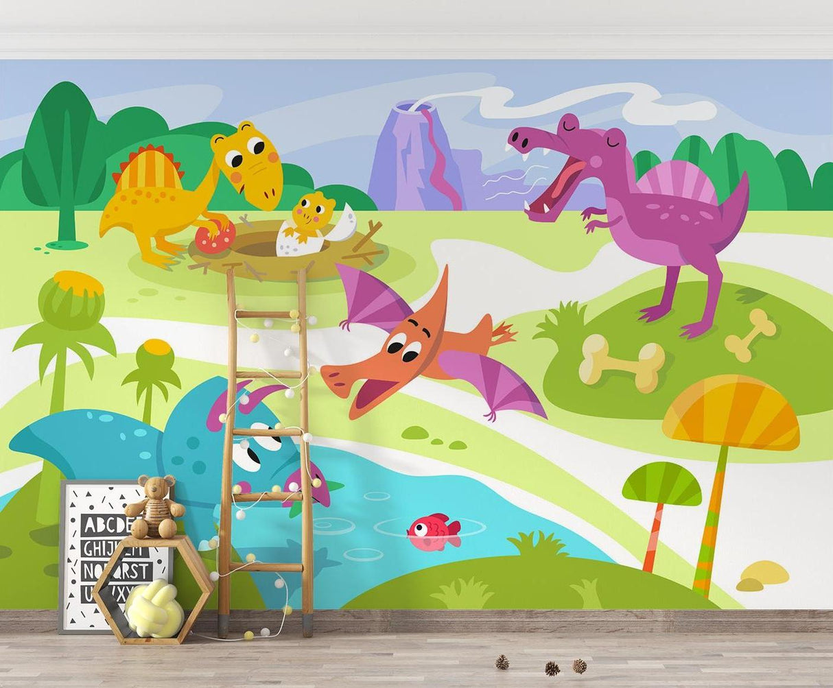 Children's reading nook with colorful prehistoric wallpaper design