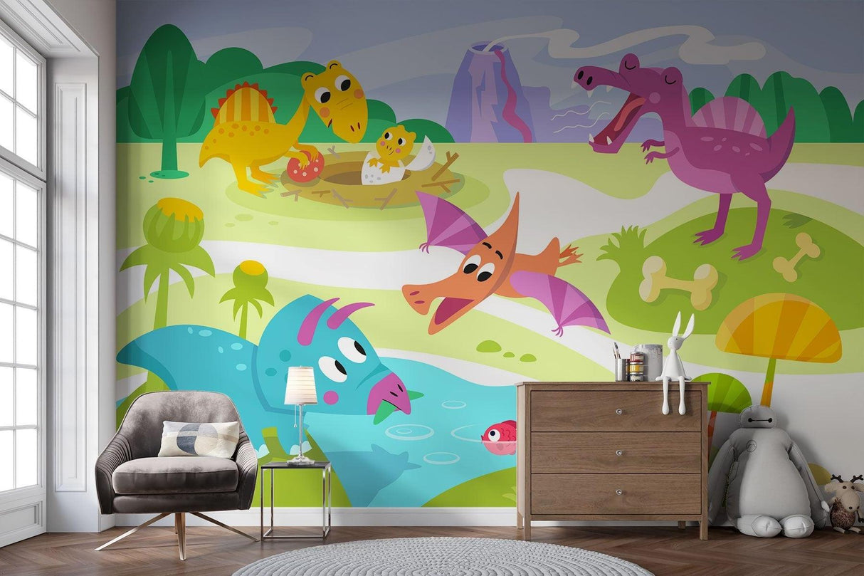 Playful dinosaur wall mural creating magical atmosphere in child's bedroom