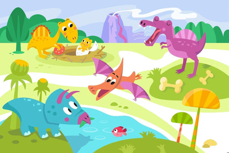 Design file of cartoon dinosaur wallpaper with purple T-Rex and volcano